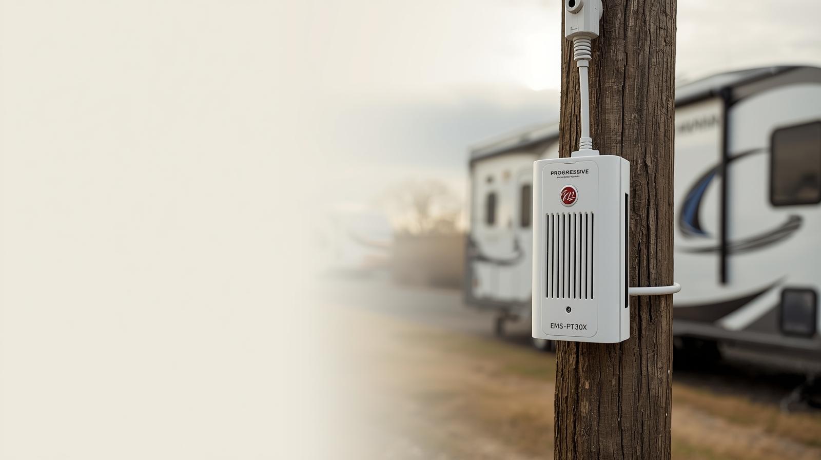 Progressive Industries EMS-PT30X portable RV surge protector hanging from a campground power pedestal with a travel trailer in the background.