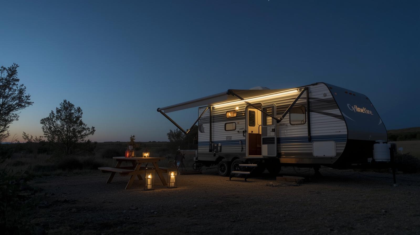 RV lighting with warm awning LED strip, porch light and solar lanterns at dusk