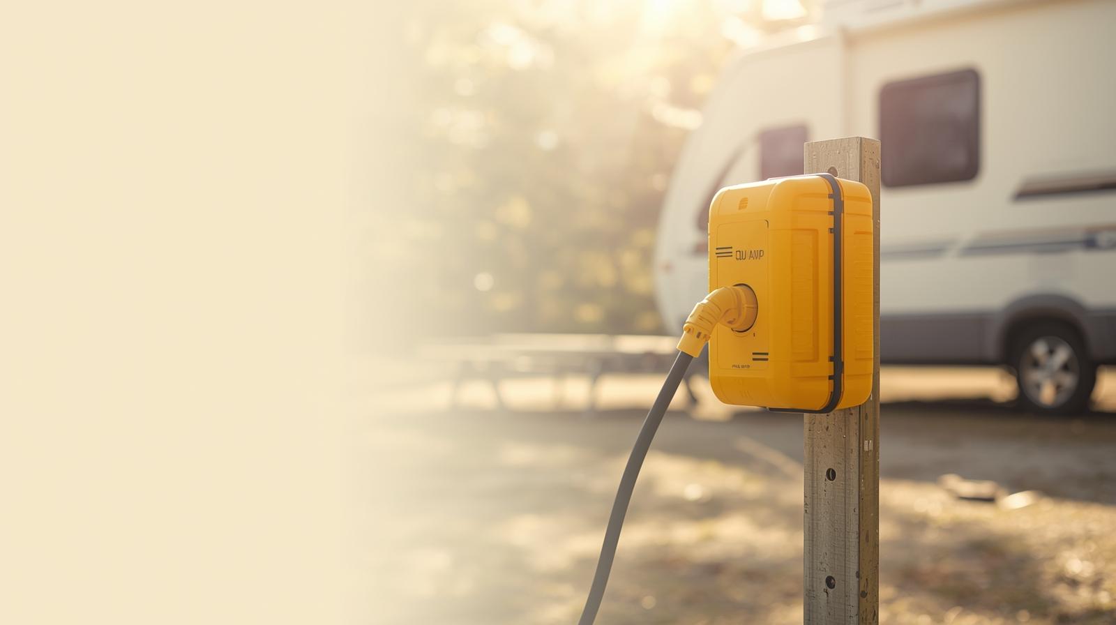 Camco-style 30 amp RV surge protector connected to a campground power pedestal beside a travel trailer.