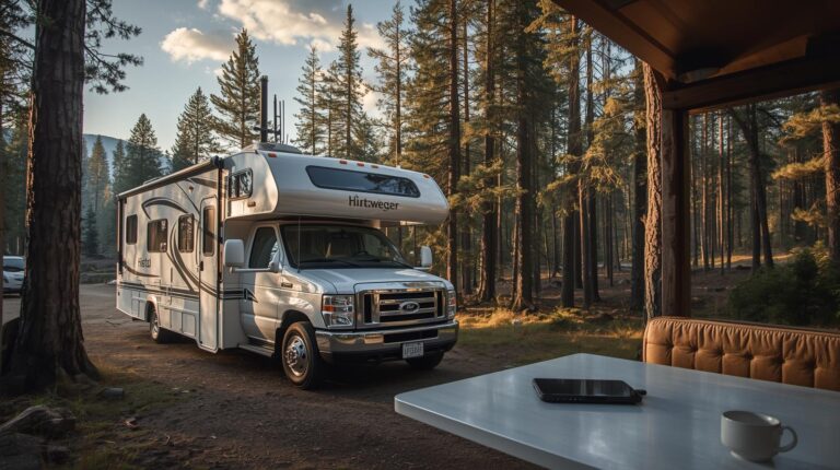 RV parked in remote campground with phone showing weak signal and a cell booster antenna visible