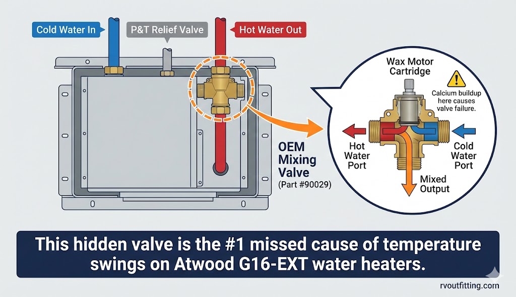 Location of the OEM mixing valve on the hot water outlet of an Atwood G16-EXT RV water heater