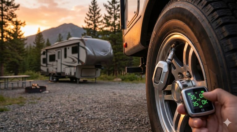 RV TPMS sensor mounted on travel trailer tire with pressure monitoring display showing readings at sunset campsite