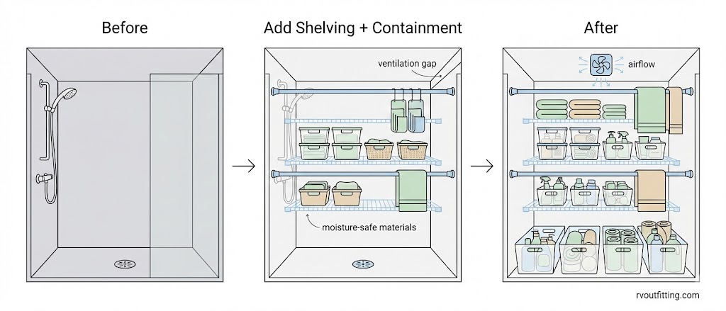 Diagram showing how an unused RV shower can be converted into storage with humidity-safe rules