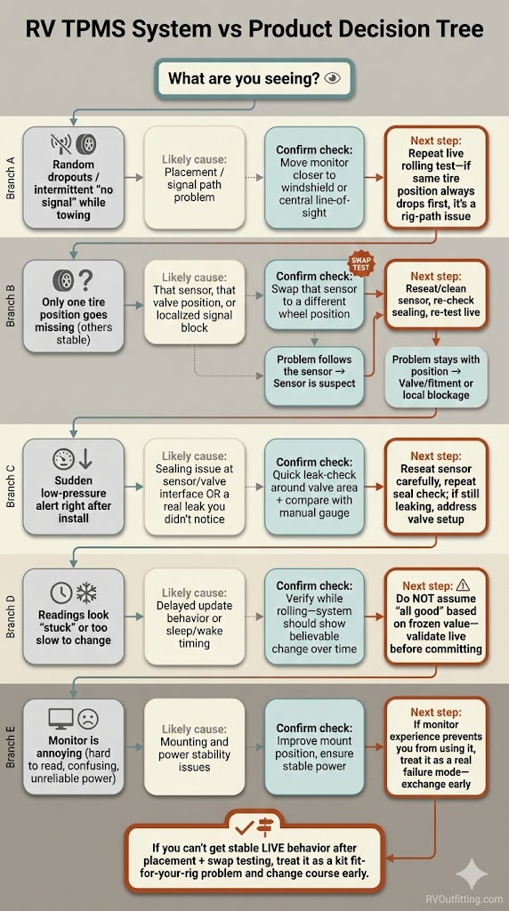 Decision tree flowchart for diagnosing RV TPMS issues by symptom and first checks 