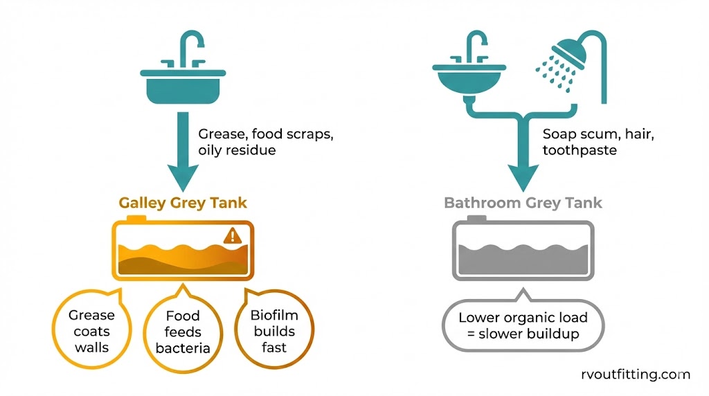 Diagram explaining why RV galley grey tank can smell worse than bathroom grey tank