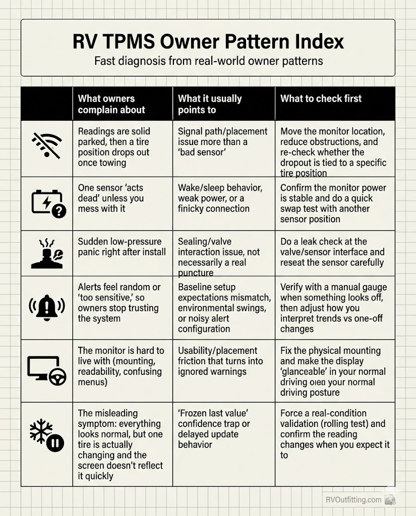 Table-style visual summarizing the most common owner-reported problems and first checks for RV TPMS 