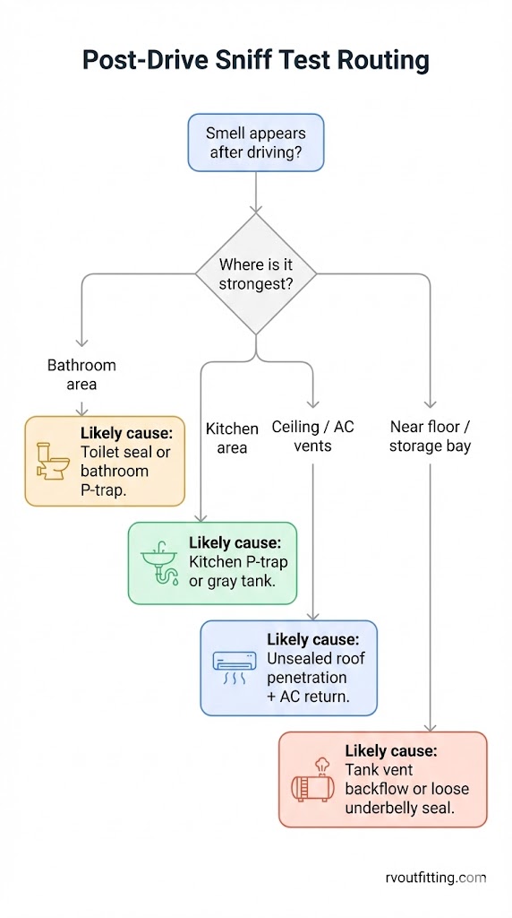 Flowchart that routes RV owners through a sniff test to pinpoint sewer smell after driving 