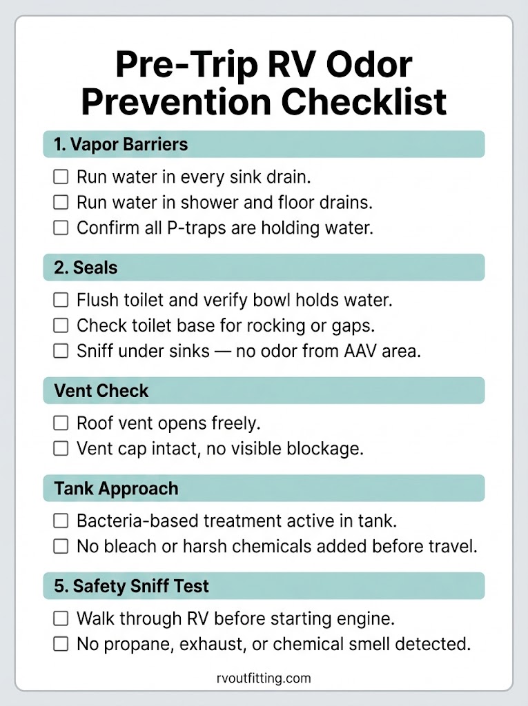 Checklist card for preventing RV sewer smells during travel 