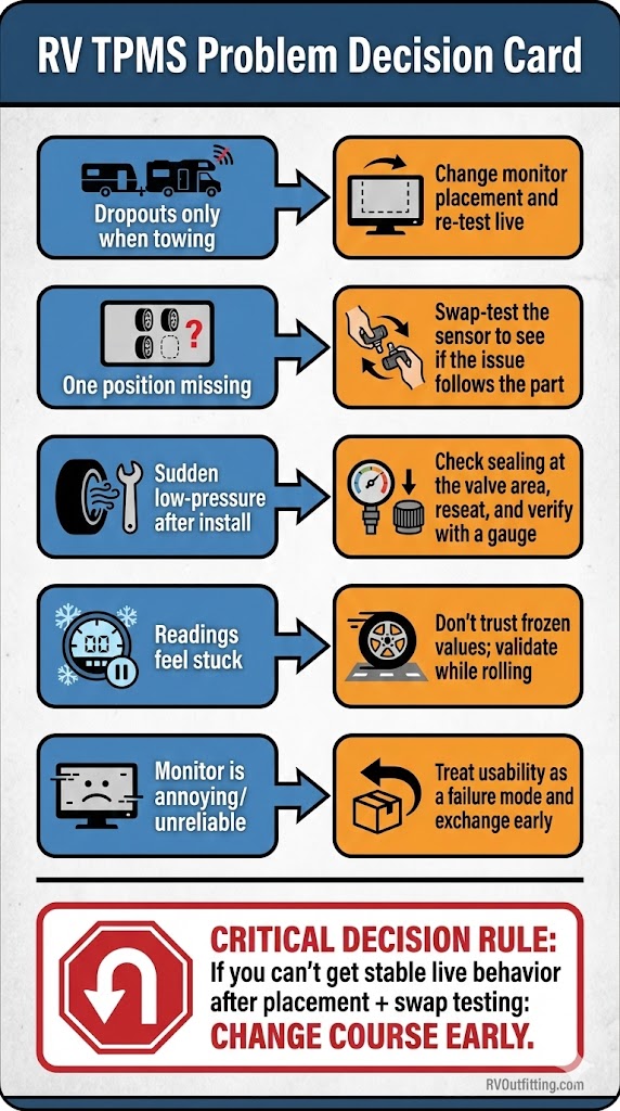 Printable decision card for diagnosing the most common RV TPMS problems and next steps 