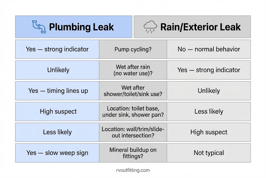 Decision table to tell rain leak vs plumbing leak in RV bathroom