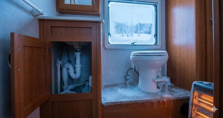 RV bathroom freeze damage repair and prevention guide showing frozen pipes and winterization steps