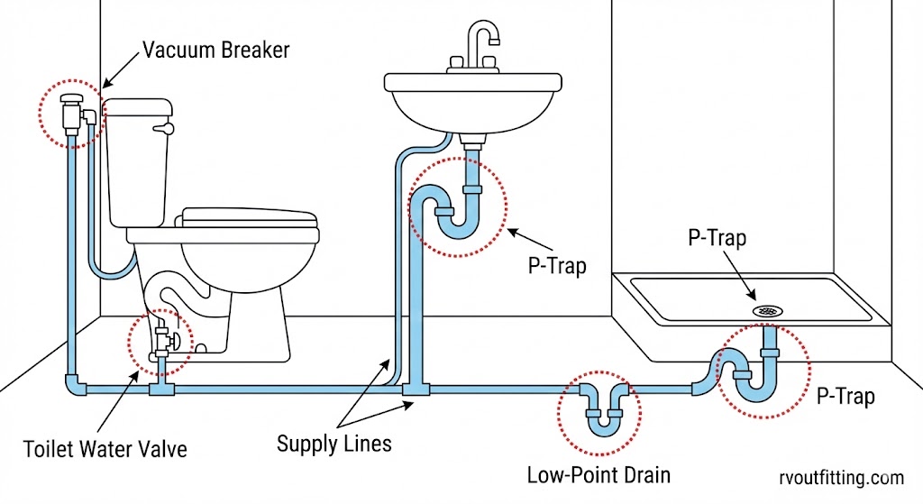 Diagram showing freeze-prone RV bathroom plumbing parts