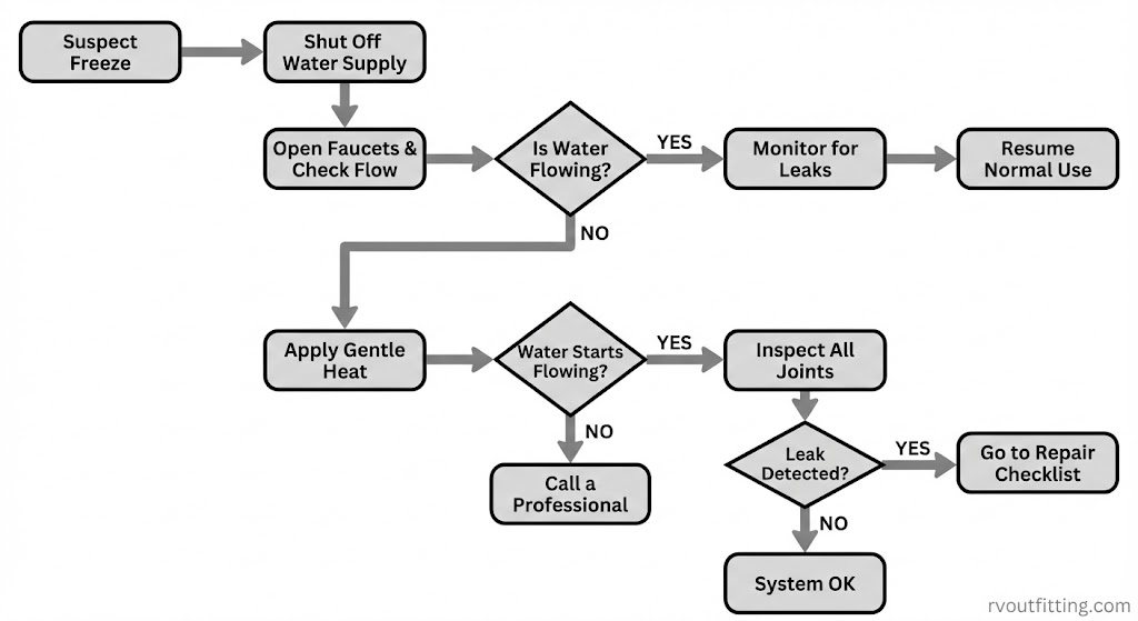 Flowchart for what to do first when RV bathroom pipes are frozen