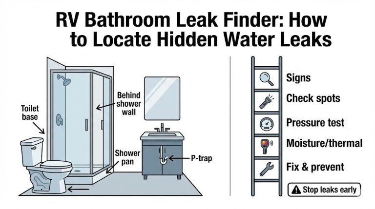 RV bathroom leak finder feature image showing hidden leak detection steps and common leak locations