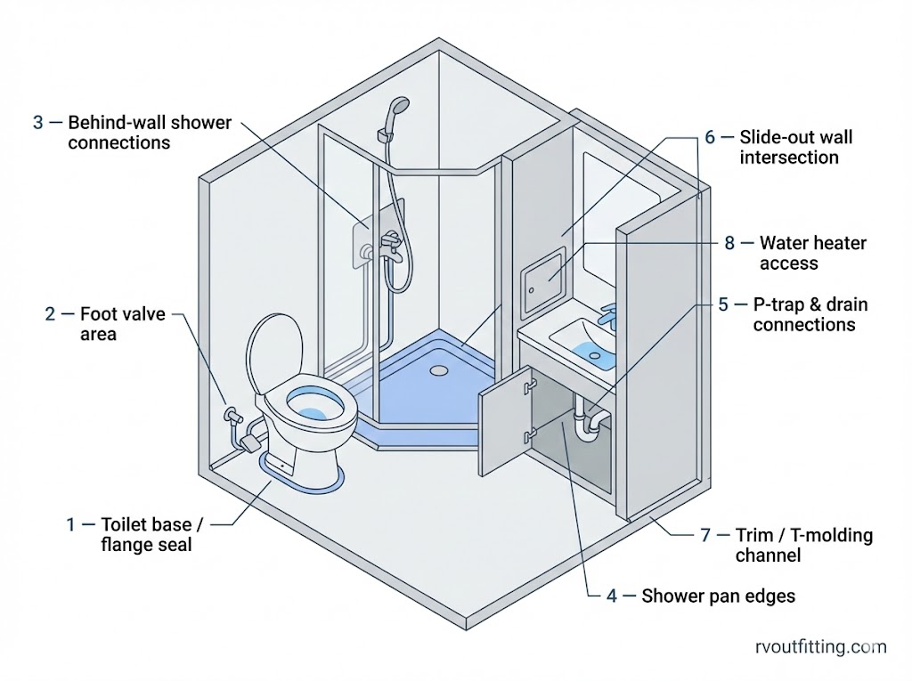 Diagram of common RV bathroom hidden leak locations