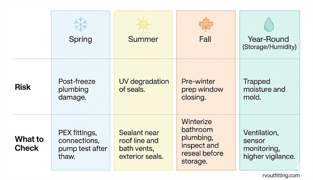 Seasonal risk matrix for RV bathroom leak prevention