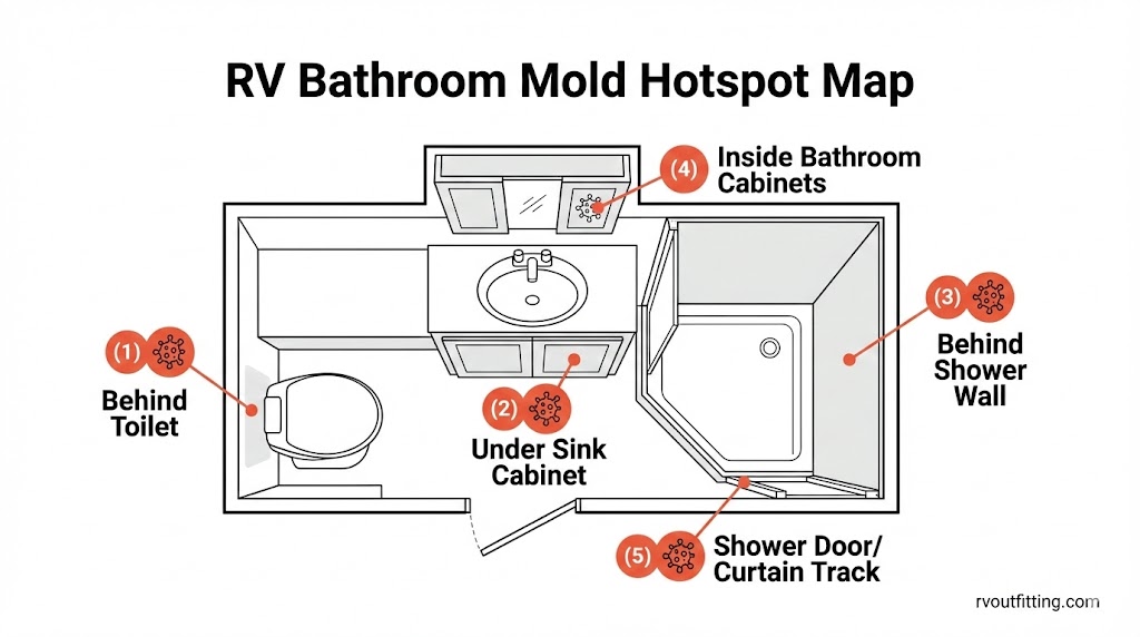 RV bathroom mold hotspot map behind toilet under sink shower wall