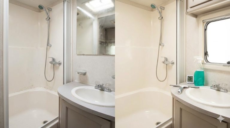 RV bathroom mold and mildew removal prevention guide with cleaning supplies and ventilation