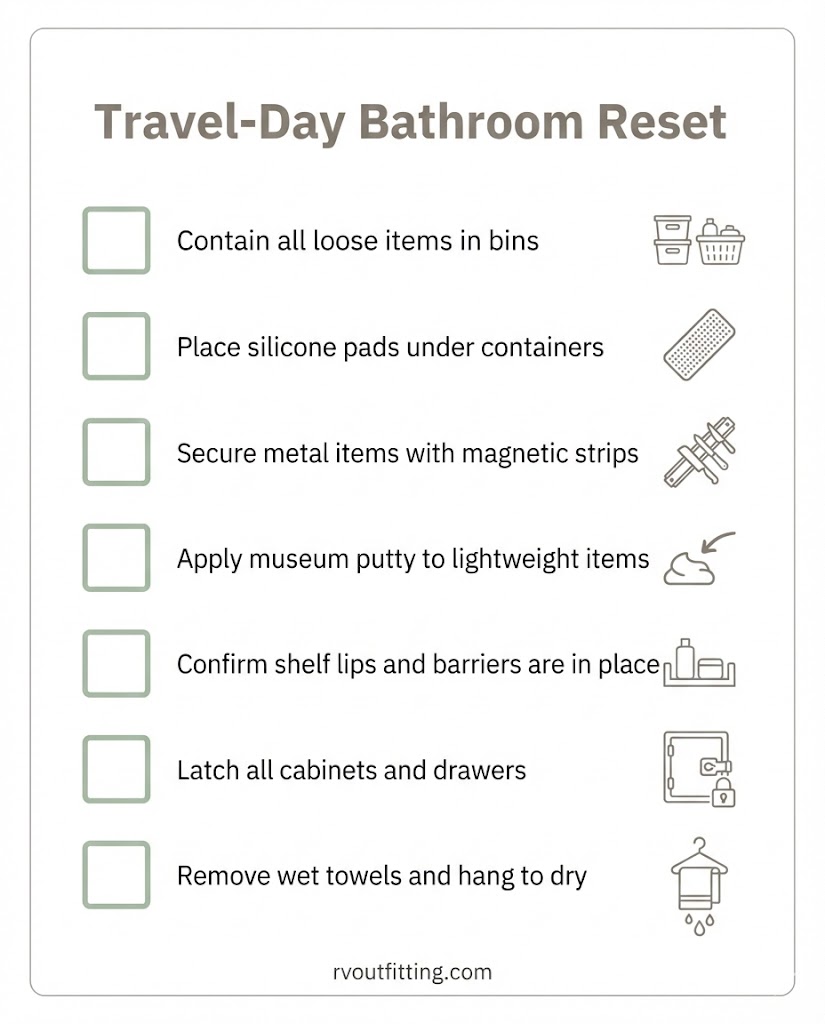Checklist for securing RV bathroom items for travel using containment, grips, and magnets