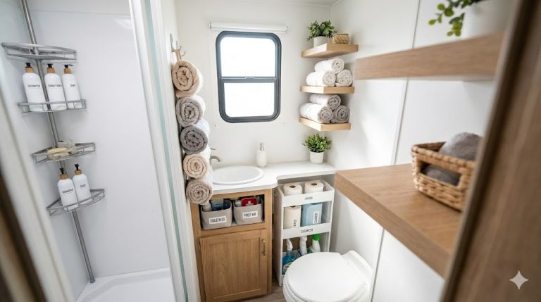 RV bathroom organized zone by zone with shower storage, under-sink bins, towel hooks, and travel-proof shelves
