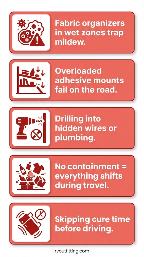 Mistakes to avoid with RV bathroom storage (mold traps, overloaded adhesives, drilling risks)