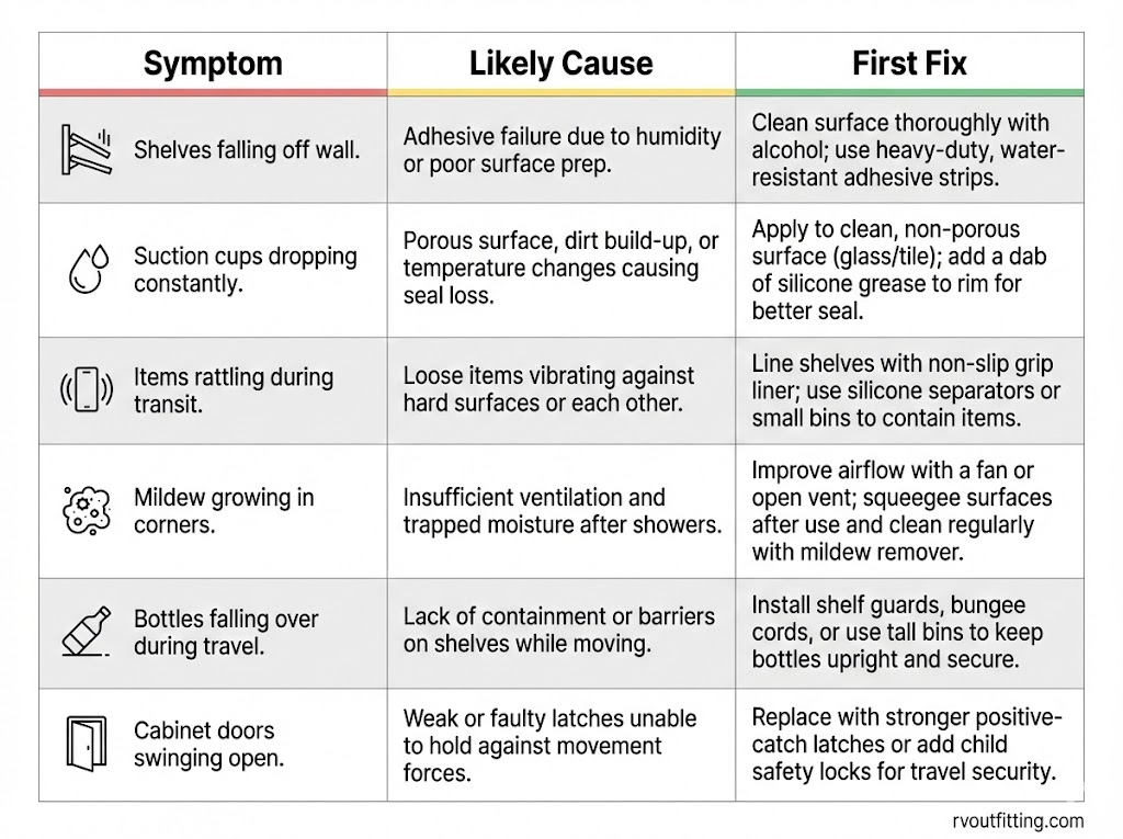 Troubleshooting matrix for RV bathroom storage failures (symptom, cause, first fix)