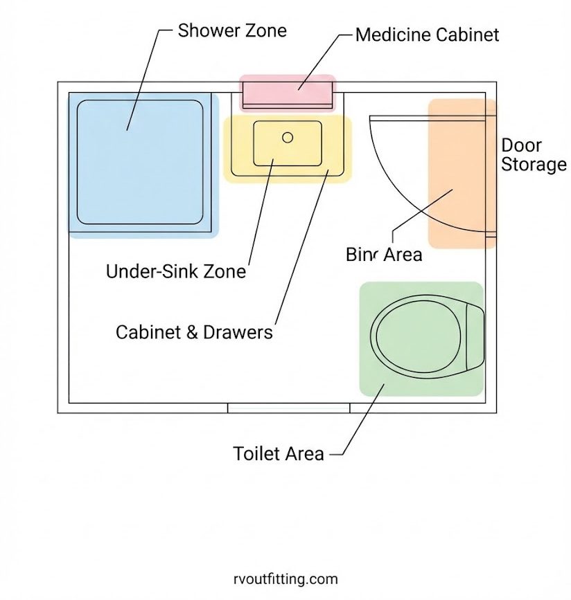 RV bathroom storage zone map showing shower, under-sink, toilet area, doors, and cabinets
