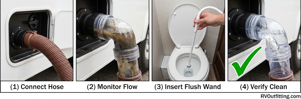 Four-step photo sequence showing RV black tank deep clean process — sewer hose connected, clear elbow monitoring flow, flush wand inserted, and water running clear
