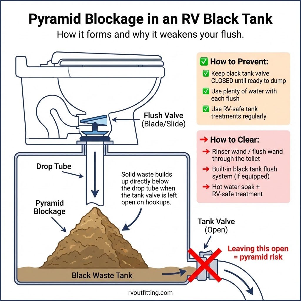 Diagram explaining pyramid blockage in RV black tank