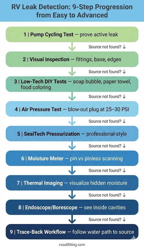 Flowchart showing step-by-step RV bathroom leak detection ladder