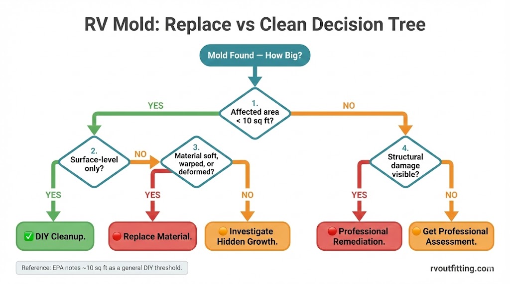 Replace vs clean decision tree RV bathroom mold EPA 10 sq ft threshold
