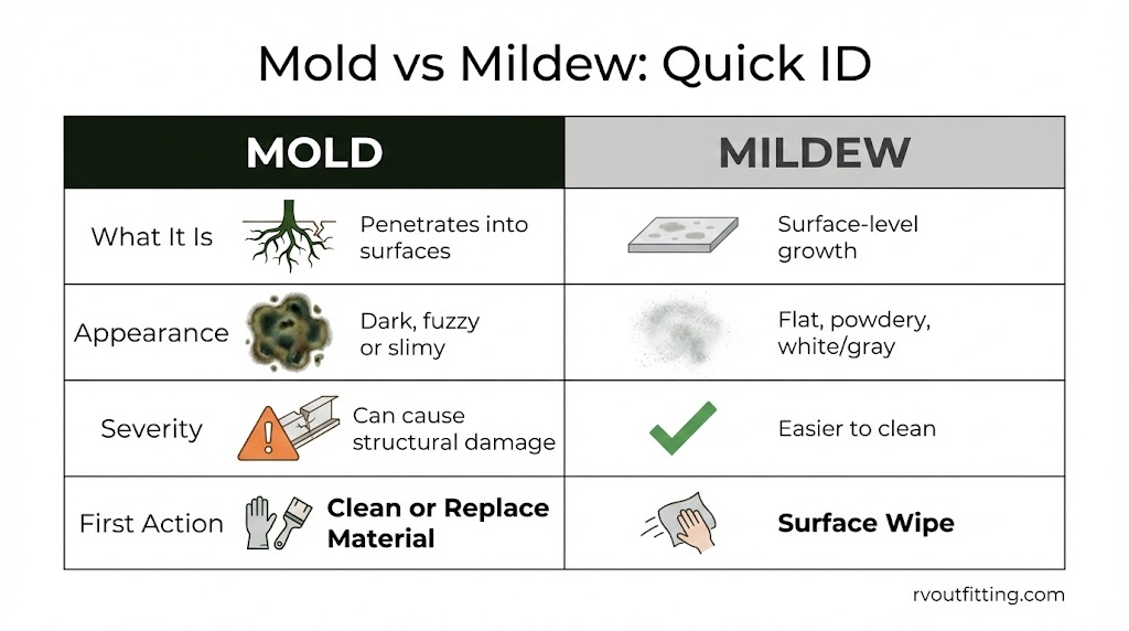 Mold vs mildew difference table for RV bathroom