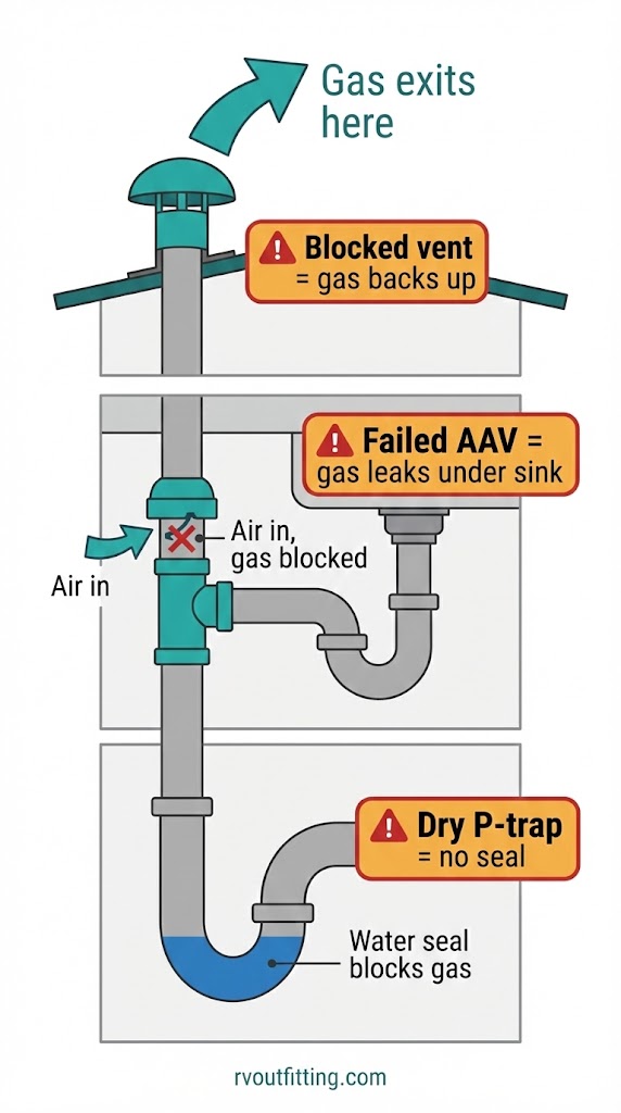 Diagram of RV odor barriers including P-trap, air admittance valve, and roof vent stack