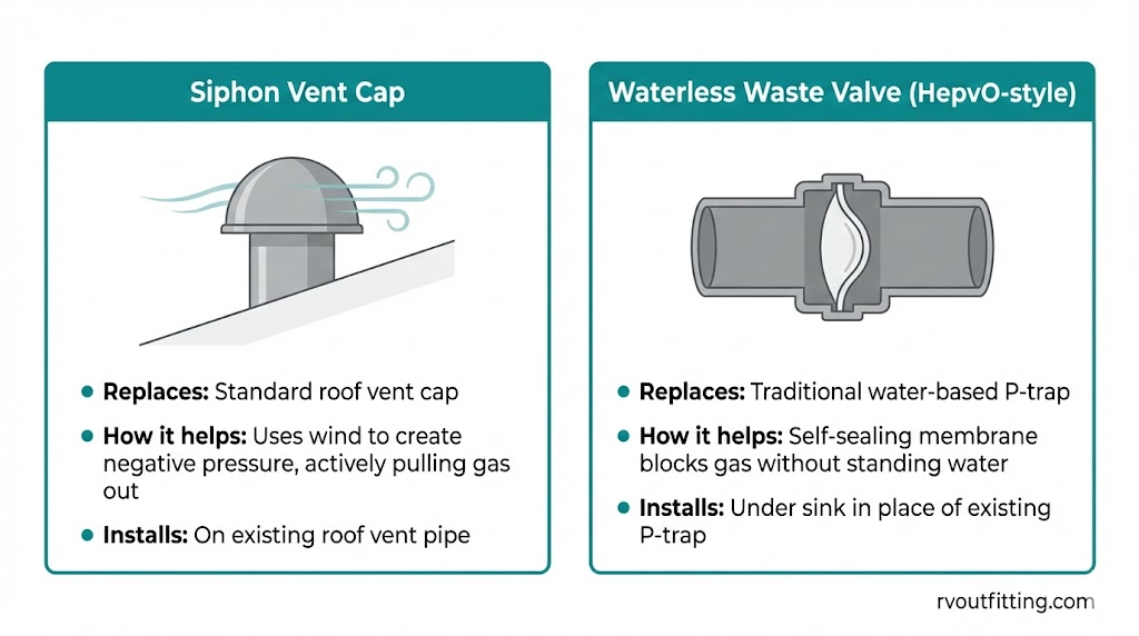 Visual guide to RV odor-control upgrades: 360 Siphon vent cap and HepvO waterless valve