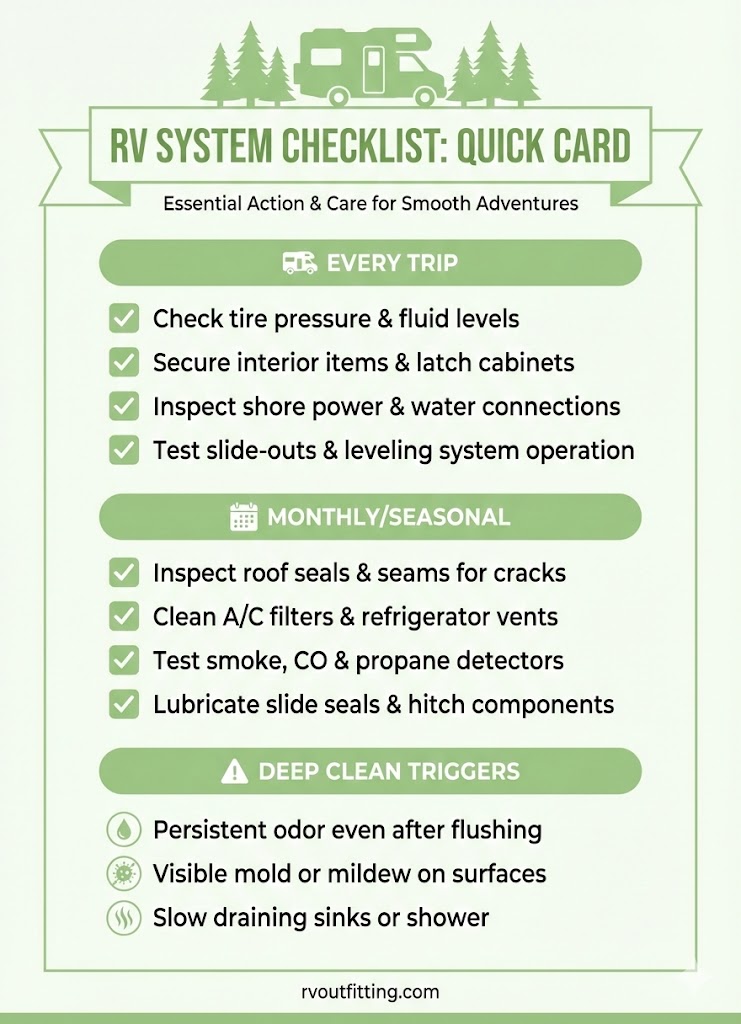 RV sewer smell prevention maintenance checklist card with grouped tasks for every trip, monthly/seasonal checks, and deep clean triggers