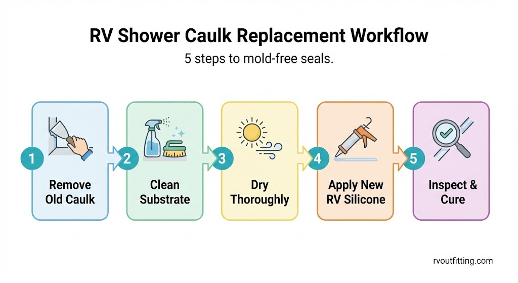 RV shower silicone caulk replacement steps diagram