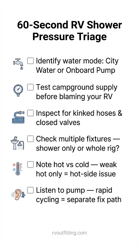60-second RV shower pressure triage checklist
