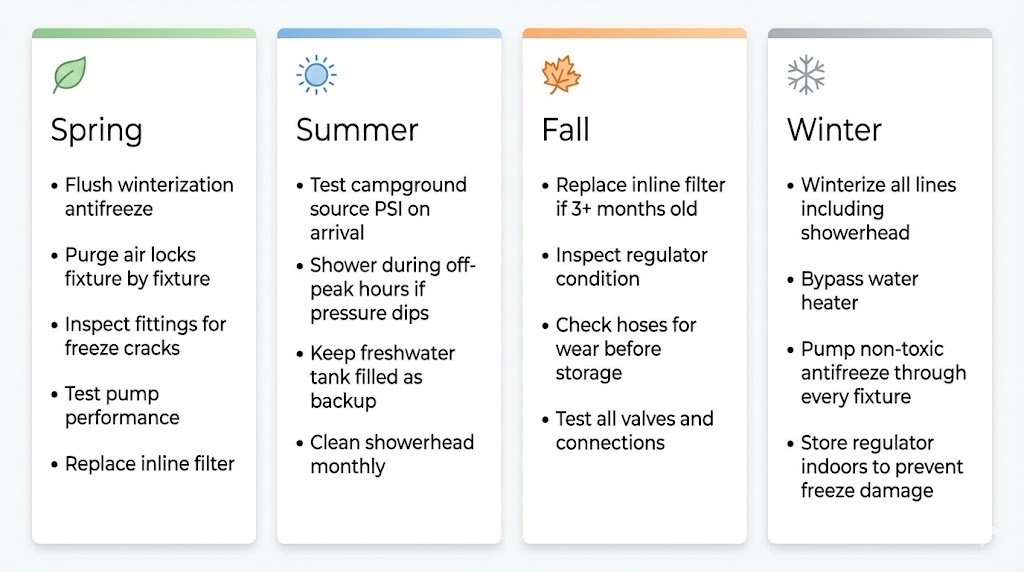 Seasonal maintenance calendar to prevent RV shower low pressure
