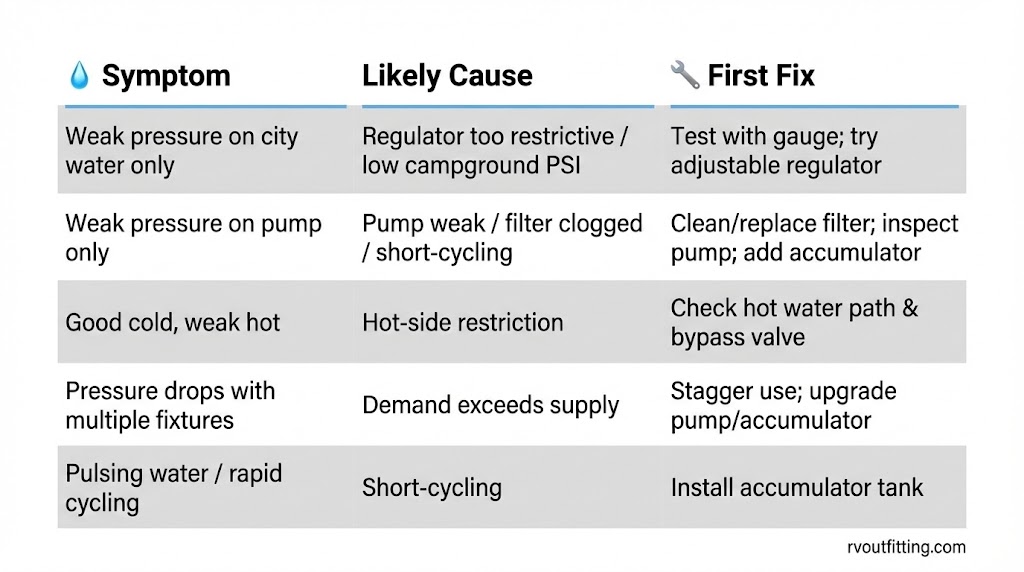RV shower pressure troubleshooting matrix with symptoms and fixes