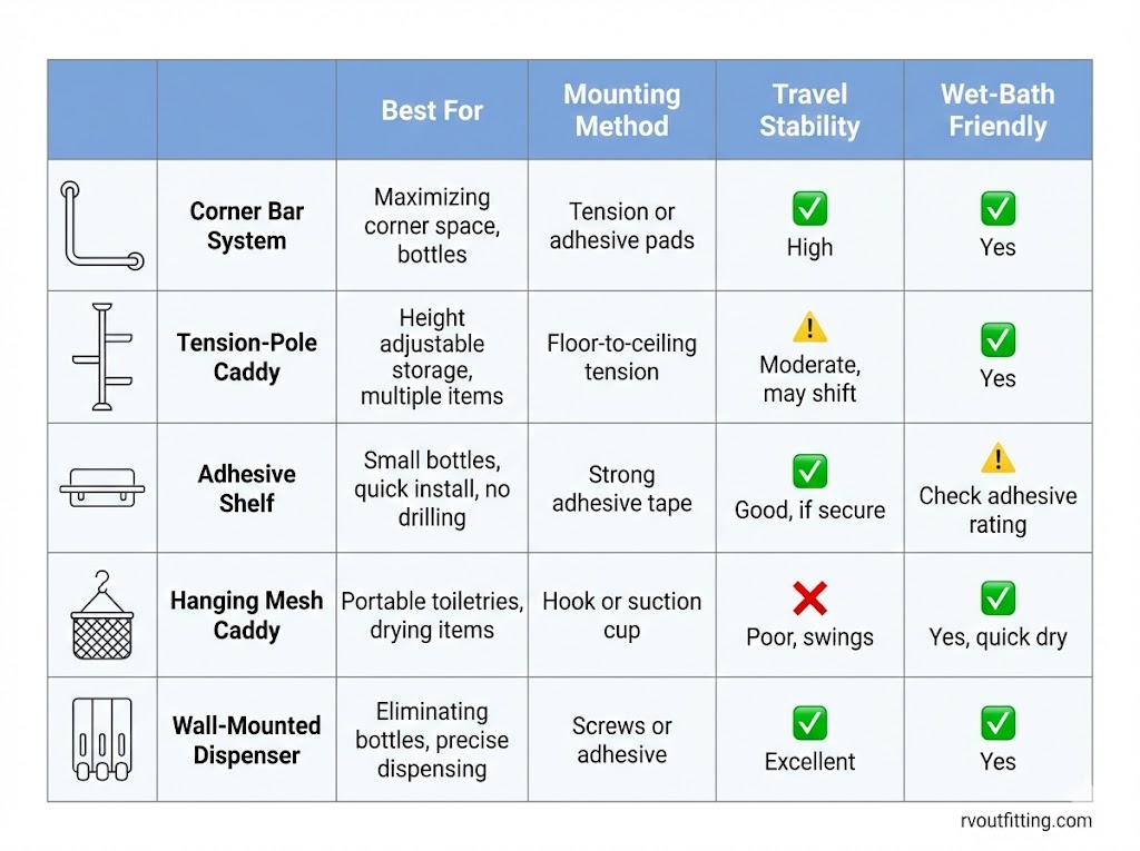 Comparison table of RV shower storage options (corner bar, tension caddy, adhesive shelf, hanging caddy, dispenser)
