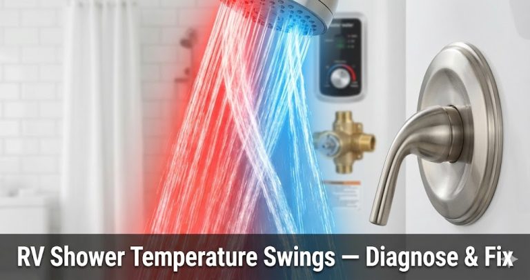 RV shower handle with red and blue temperature arrows showing hot-to-cold fluctuation, water heater and thermostatic valve in the background