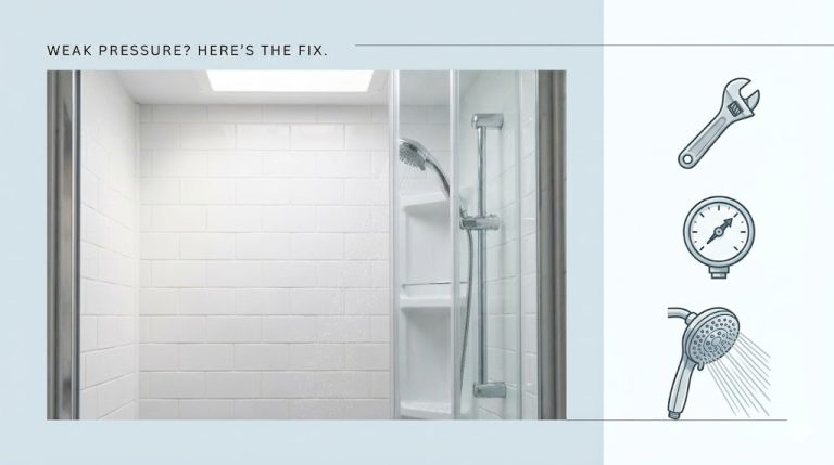 RV shower with weak water pressure showing low flow from showerhead inside a camper bathroom