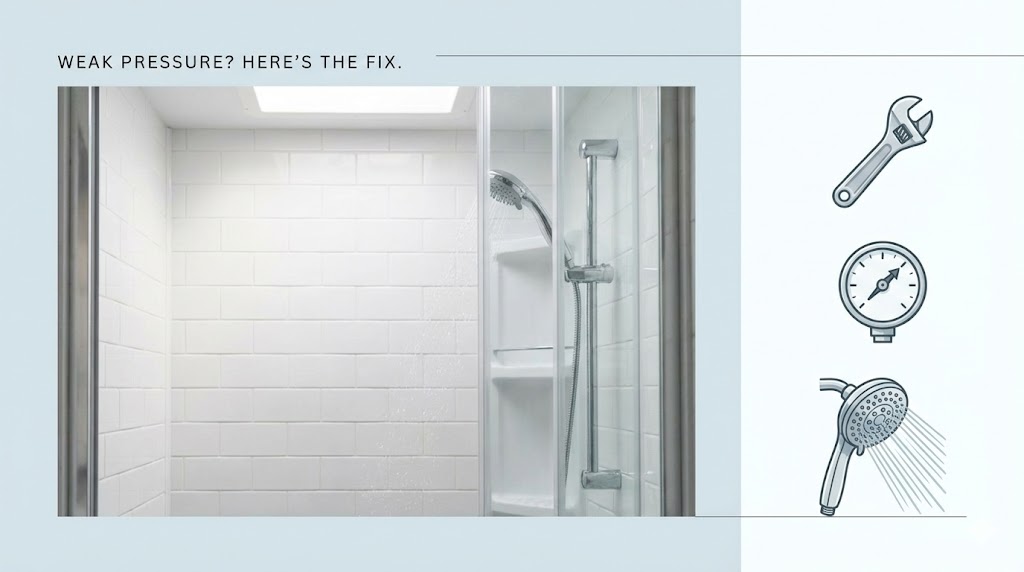 RV shower with weak water pressure showing low flow from showerhead inside a camper bathroom