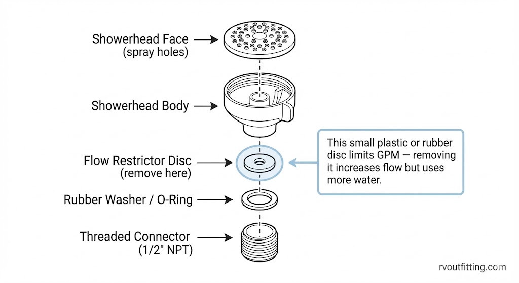 Diagram showing flow restrictor location in an RV showerhead
