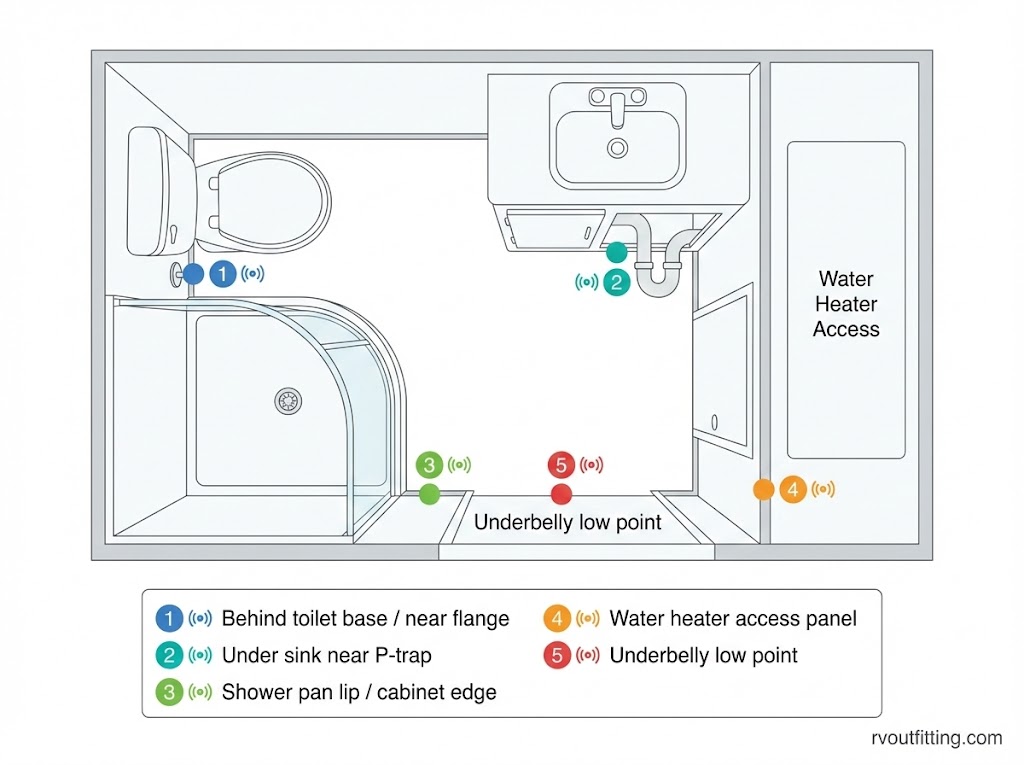 Smart leak sensor placement strategy for RV bathroom