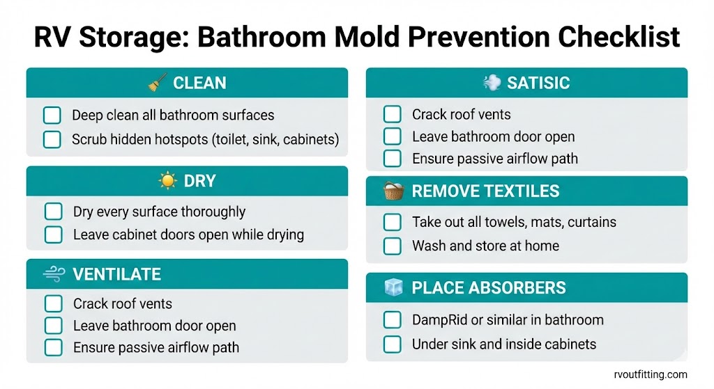 RV storage bathroom mold prevention checklist clean dry ventilate absorbers