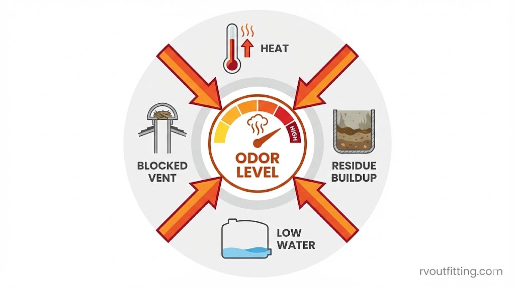 Infographic showing four conditions that increase RV black tank odor — heat, residue buildup, low water level, and blocked vent pipe
