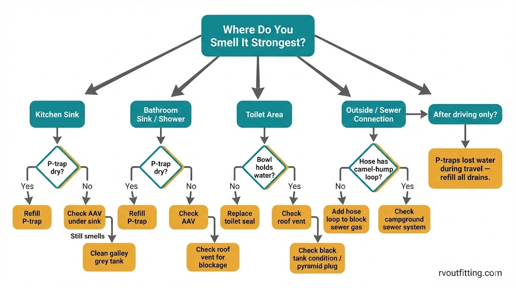 Flowchart to identify whether RV odor is from grey tank or black tank