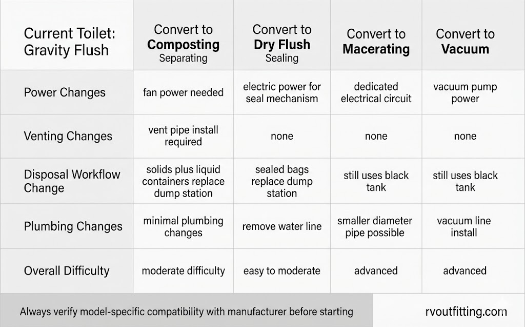 Conversion feasibility graphic for switching from gravity RV toilet to composting, dry flush, sealing, or macerating systems 
