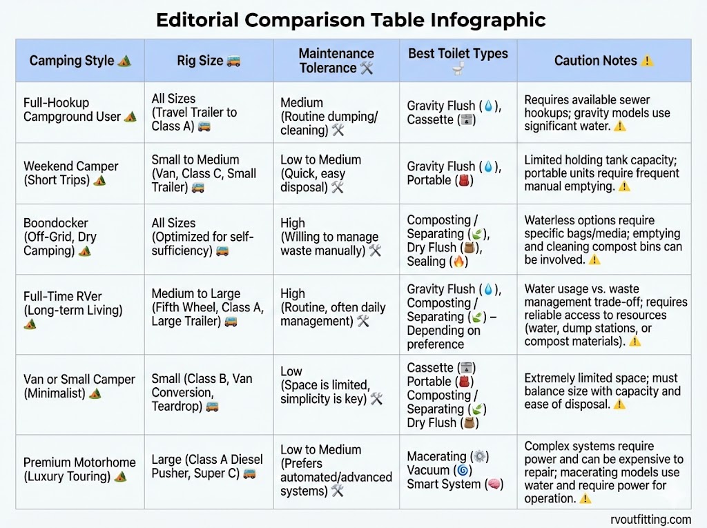  Decision table matching RV toilet types to camping style, rig size, maintenance preference, and disposal workflow 
